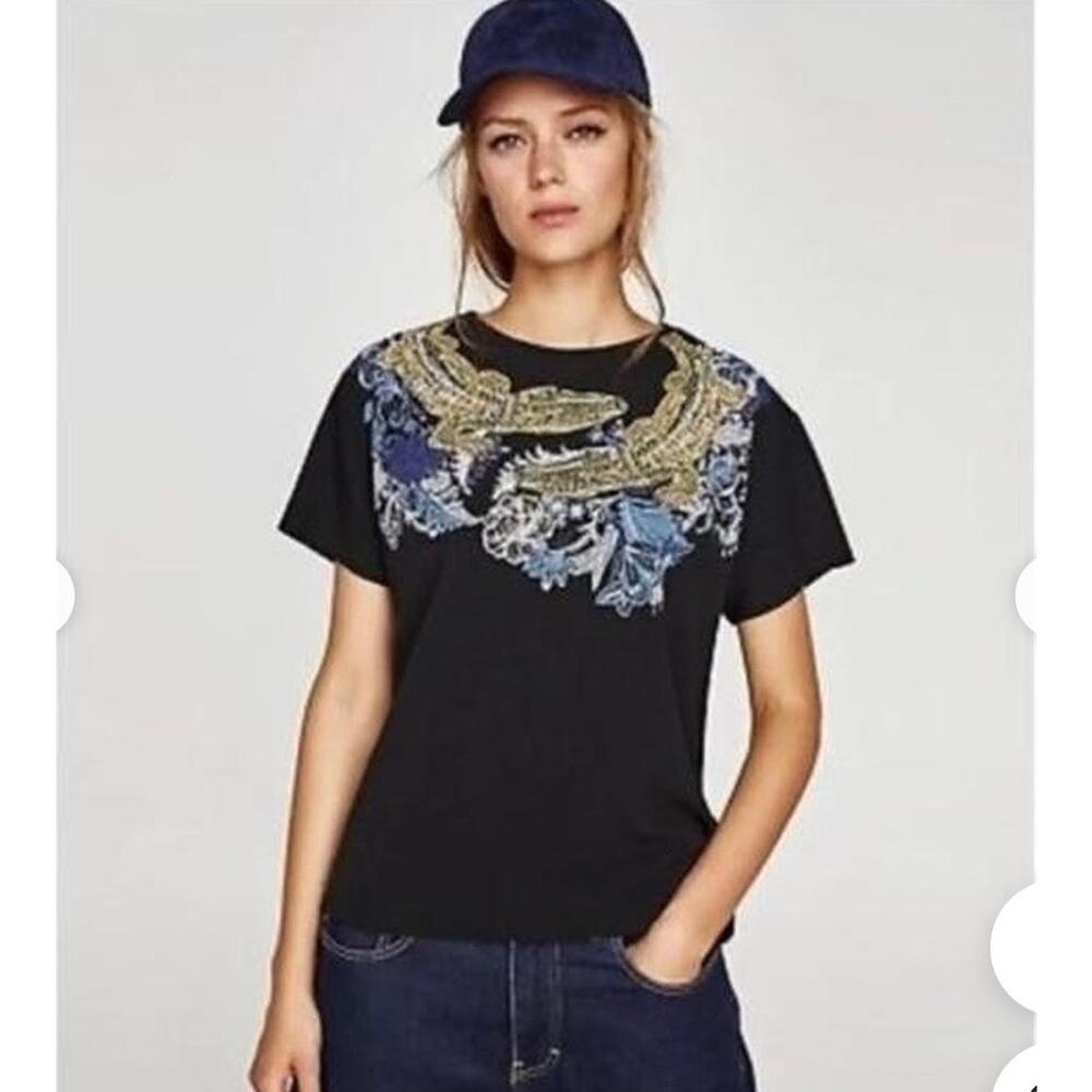 Zara | Women's Large Black Gold Crocodile Print Soft Tee